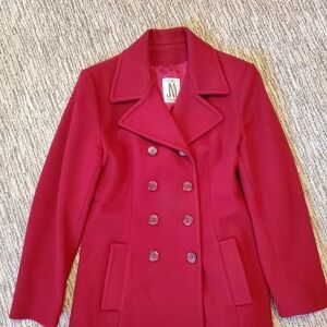 Jones New York Double-Breasted Red Peacoat